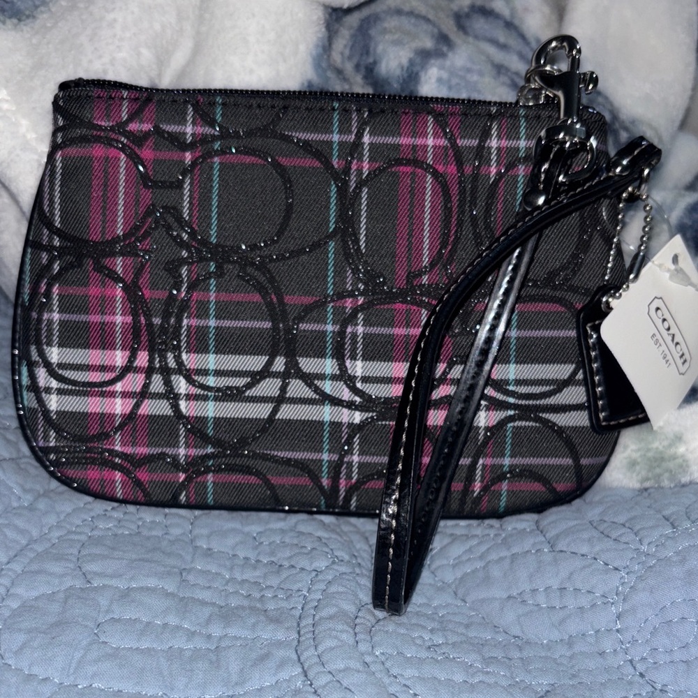Coach Plaid Wristlet in Black and Pink